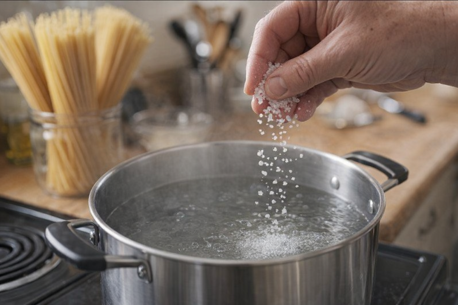 A high-angle shot of a hand sprinkling coarse sea salt into a large pot of clear water, spaghetti bundles in the background, kitchen counter with cooking utensils blurred in the background